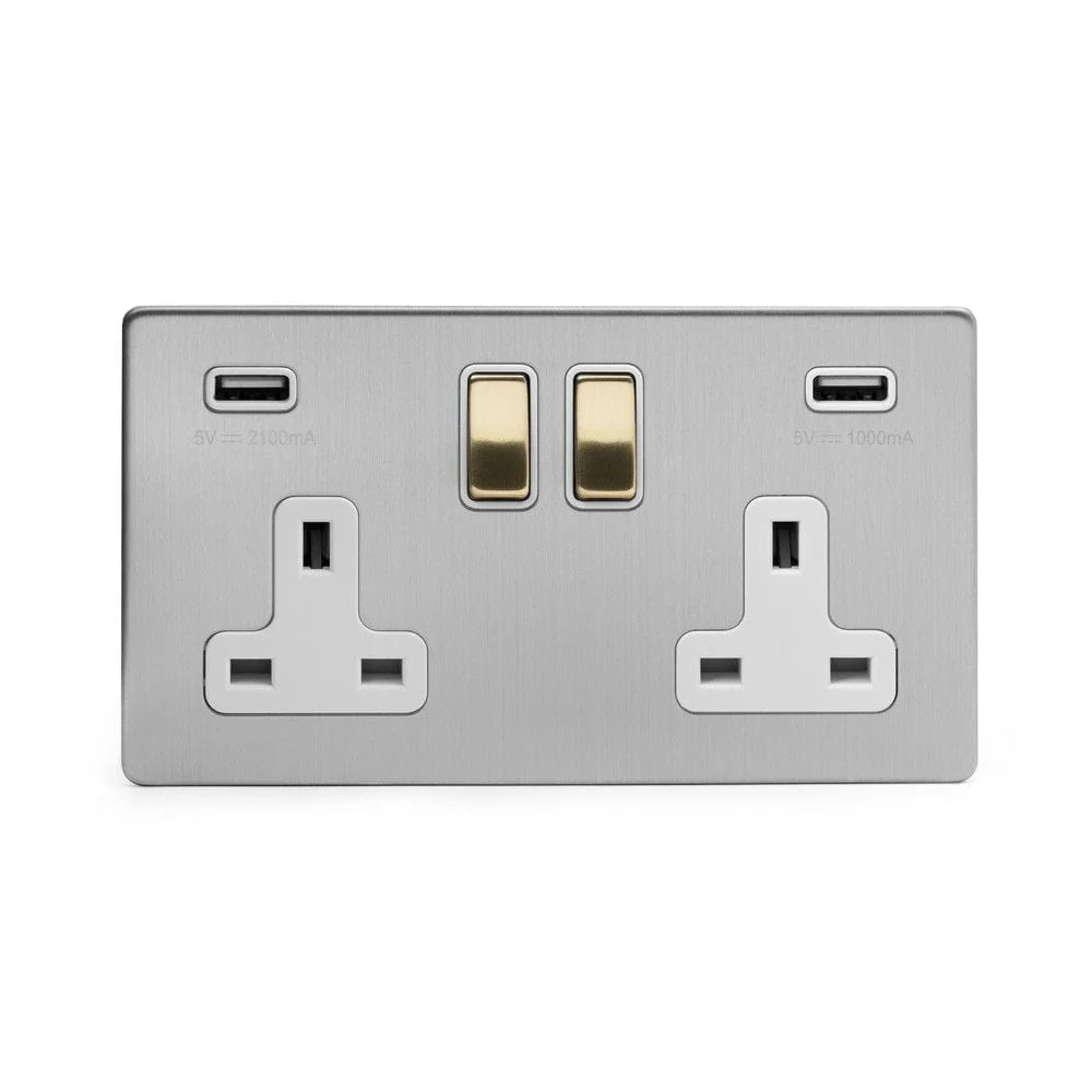 Screwless Fusion Brushed Chrome & Brushed Brass 13A 2 Gang Double Pole USB Plug Socket (USB 4.8amp) White Trim