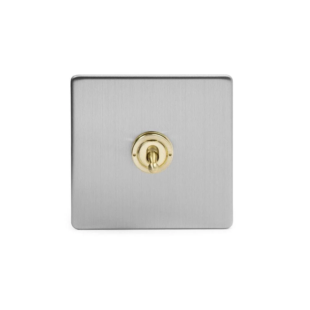 Screwless Fusion Brushed Chrome & Brushed Brass 20A 1 Gang 2 Way Toggle Light Switch White Trim