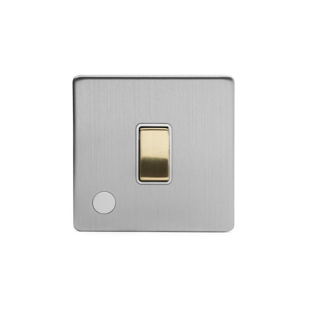 Screwless Fusion Brushed Chrome & Brushed Brass 20A 1 Gang Double Pole Switch Flex Outlet White Trim