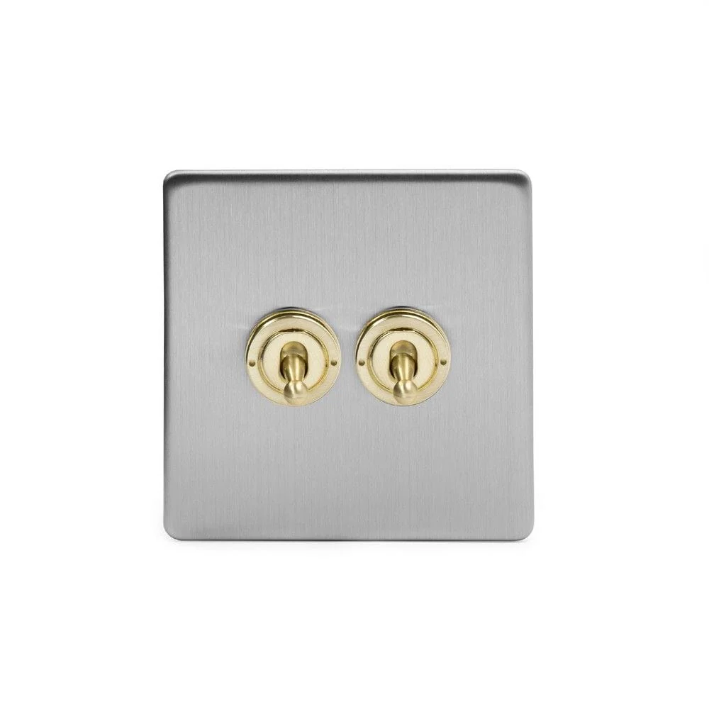 Screwless Fusion Brushed Chrome & Brushed Brass 20A 2 Gang 2 Way Toggle Light Switch White Trim