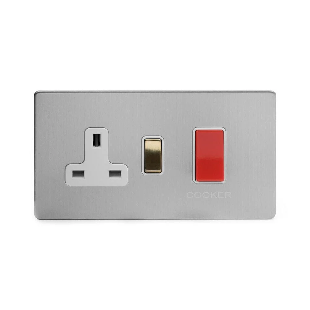 Screwless Fusion Brushed Chrome & Brushed Brass 45A Cooker Control Unit & Neon White Trim