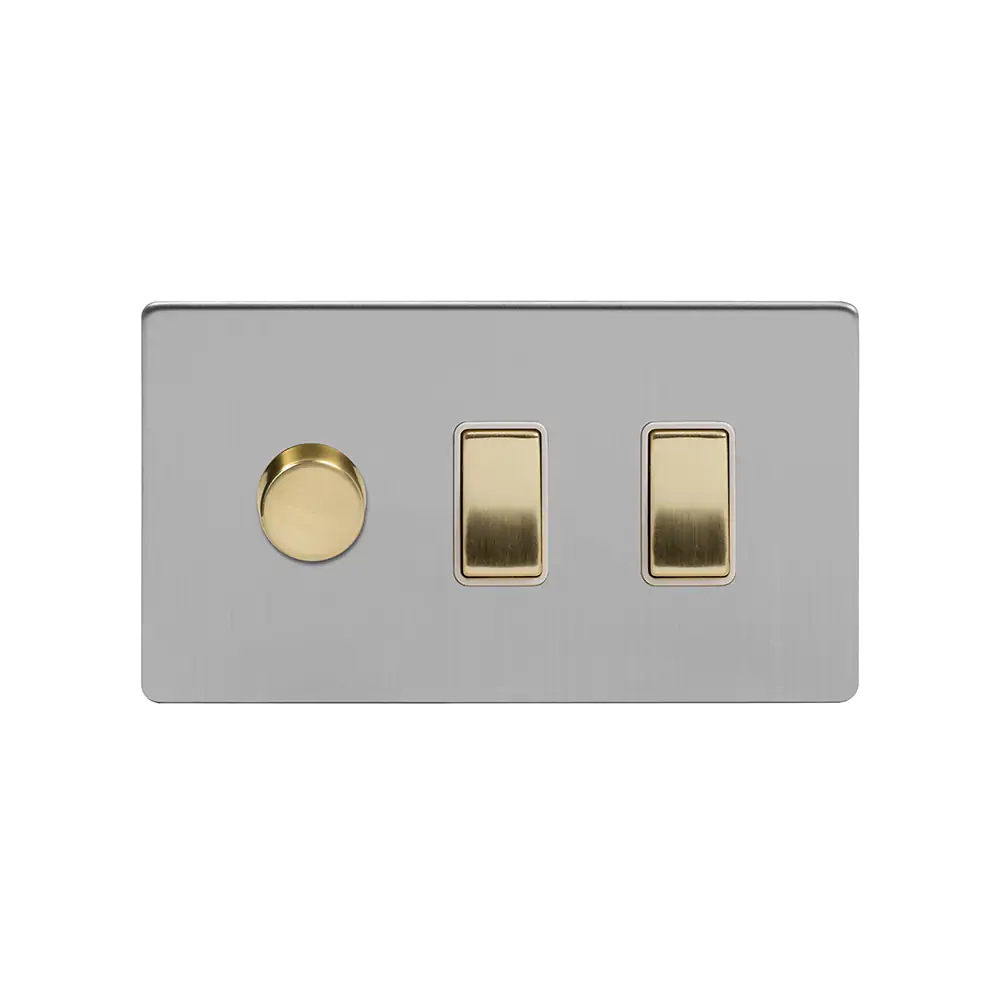 Screwless Fusion Brushed Chrome & Brushed Brass Dimmer and Rocker Switch Combo (2-Way Intelligent Dimmer & 2 x 2-Way Light Switch)