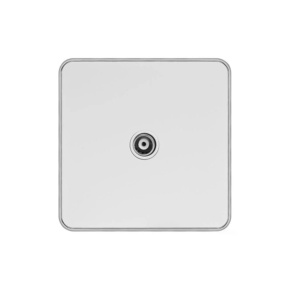 Screwless Fusion White Metal Plate with Chrome Edge 1 Gang TV Socket White Trim