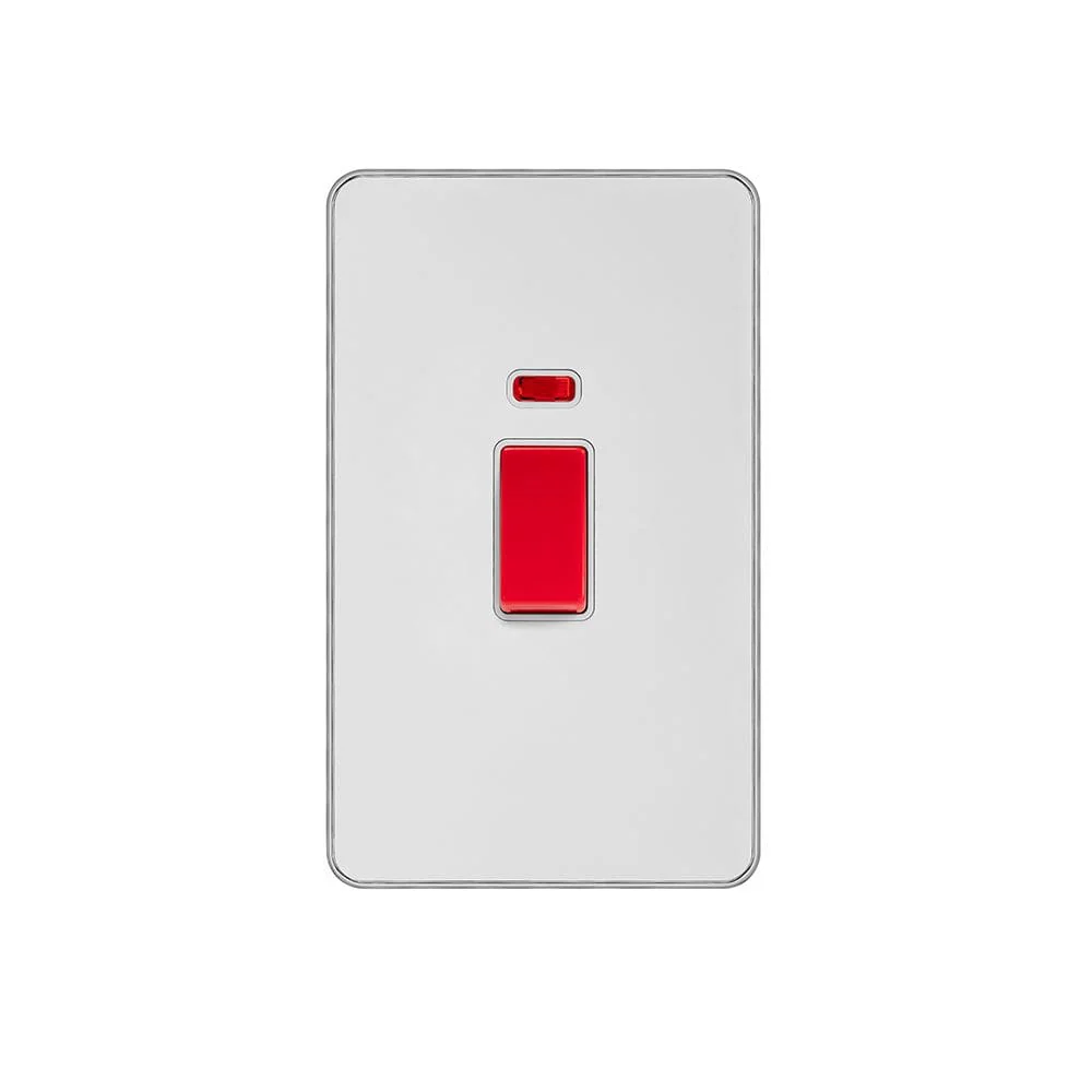 Screwless Fusion White Metal Plate with Chrome Edge 45A 1 Gang Double Pole Switch With Neon, Large Plate White Trim