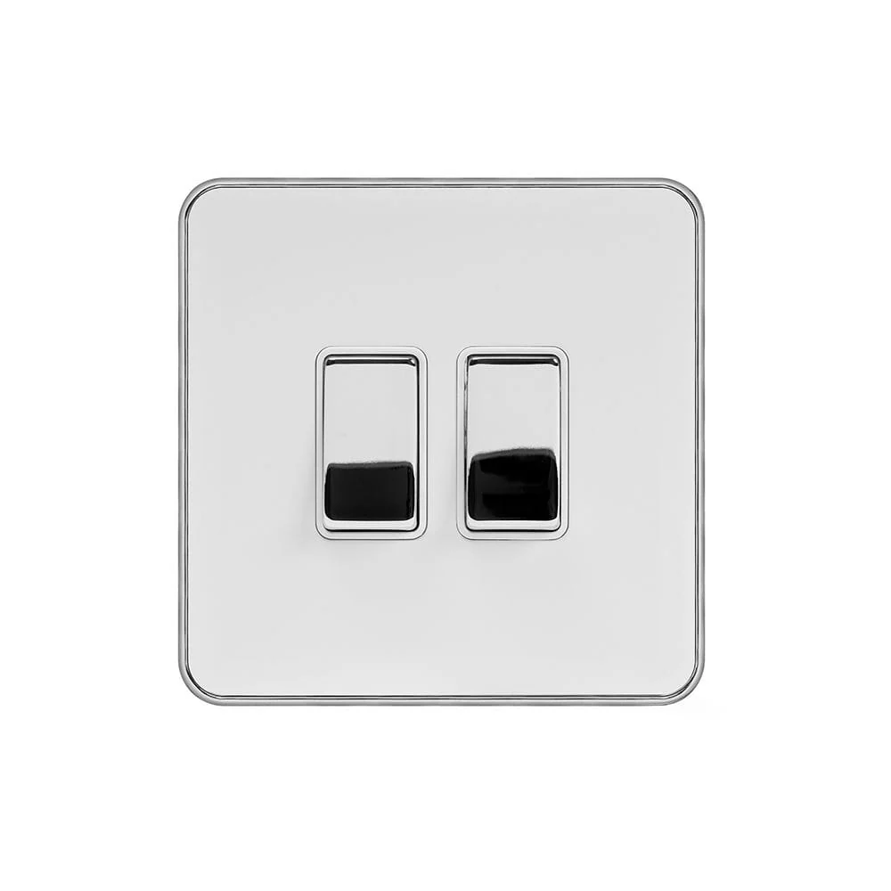 Screwless Fusion White & Polished Chrome With Chrome Edge 10A 2 Gang 2 Way Light Switch White Trim