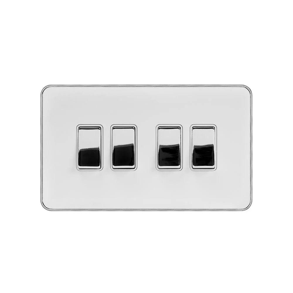 Screwless Fusion White & Polished Chrome With Chrome Edge 10A 4 Gang Intermediate Light Switch White Trim