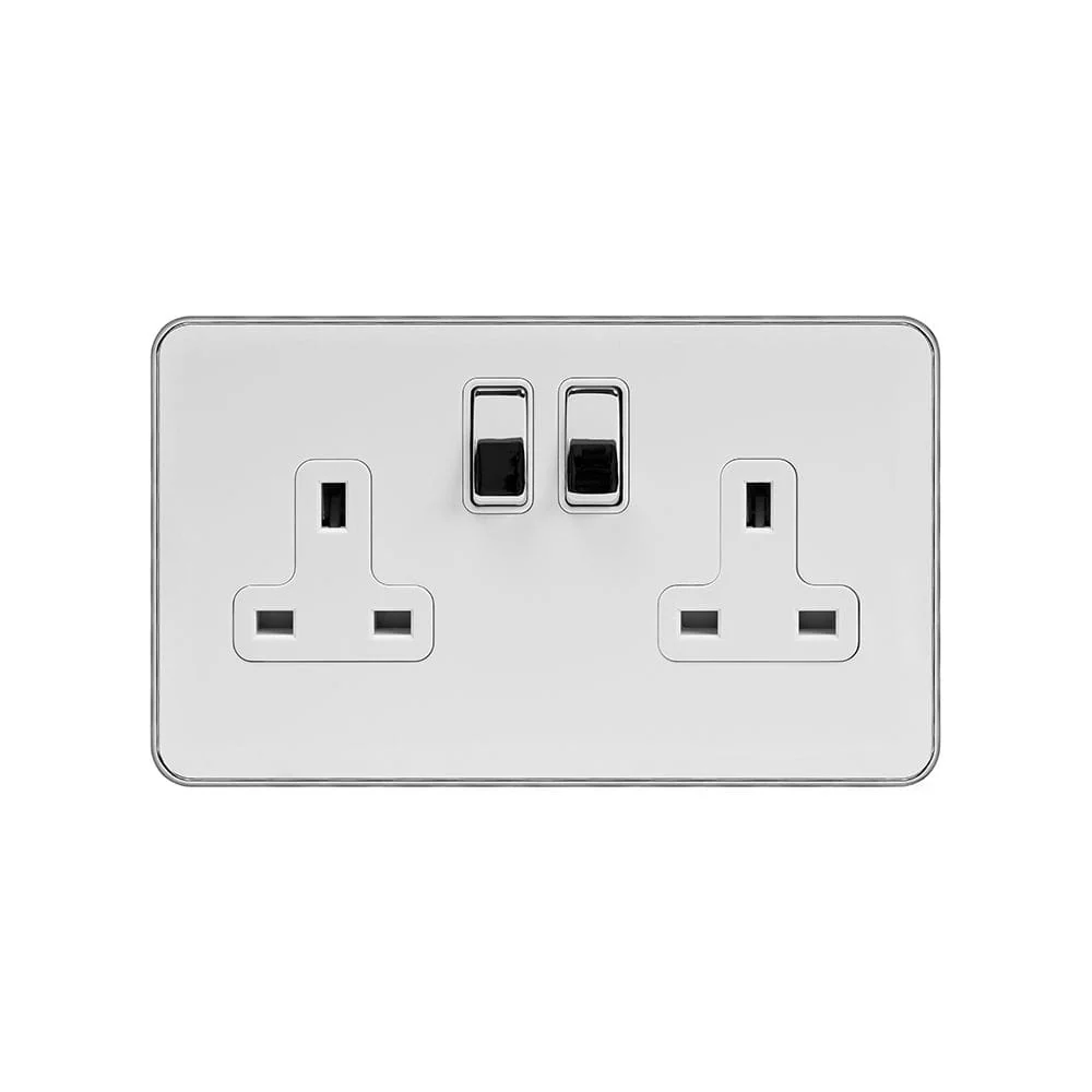 Screwless Fusion White & Polished Chrome With Chrome Edge 13A 2 Gang Switched Plug Socket, Double Pole White Trim