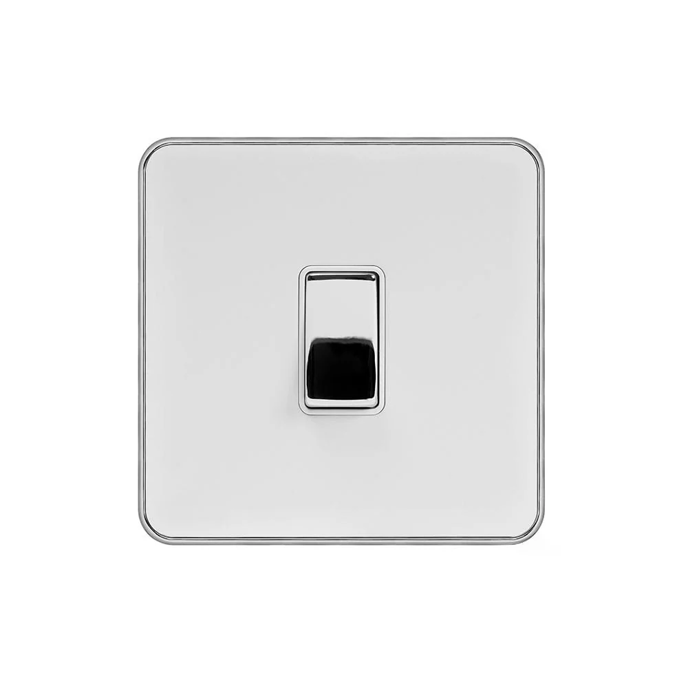 Screwless Fusion White & Polished Chrome With Chrome Edge 20A 1 Gang Double Pole Light Switch White Trim