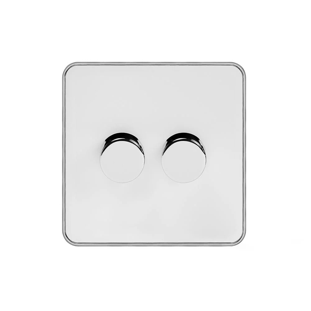 Screwless Fusion White & Polished Chrome With Chrome Edge 250W 2 Gang 2 Way Trailing Dimmer White Trim