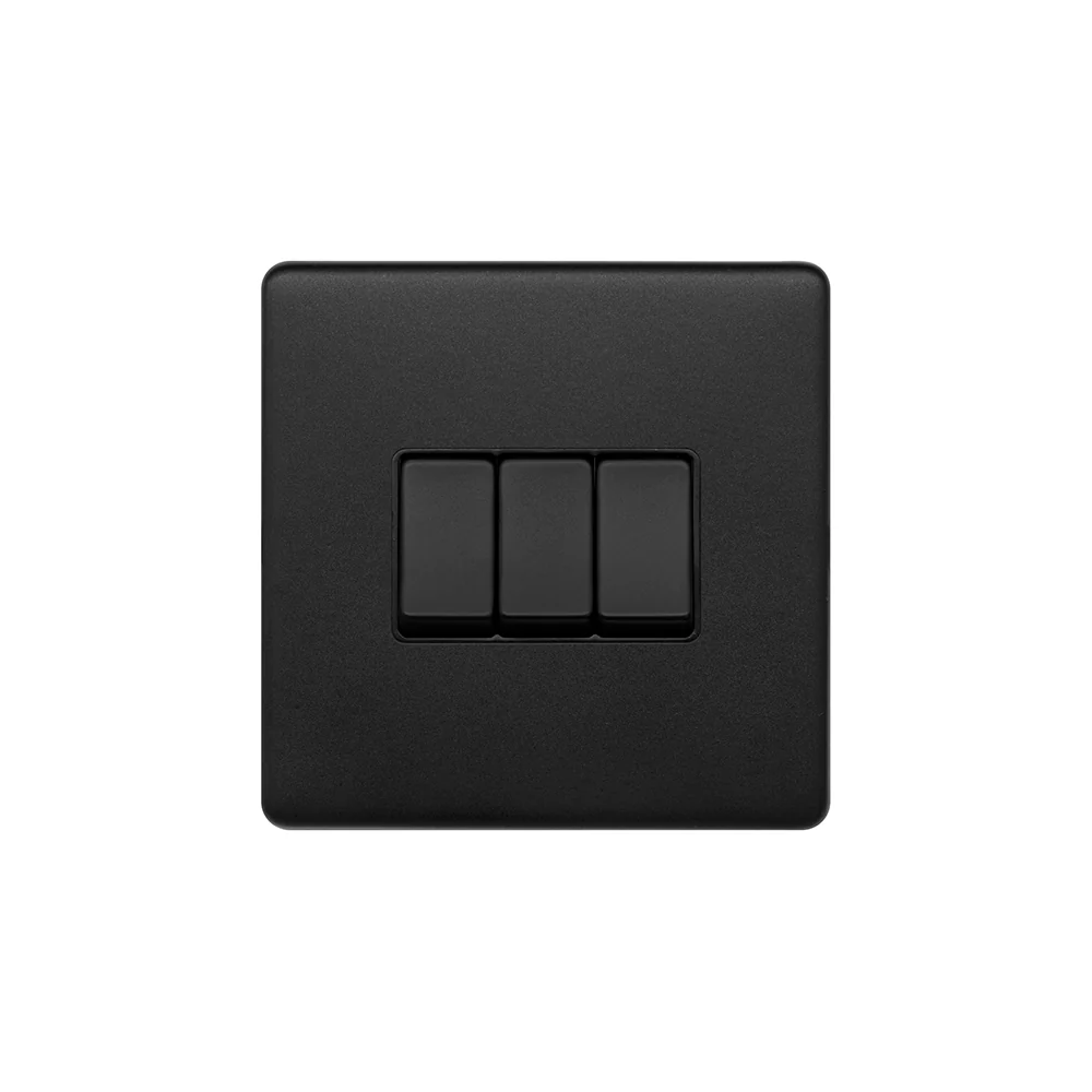 Screwless Matt Black 10A 3 Gang 2 Way Light Switch