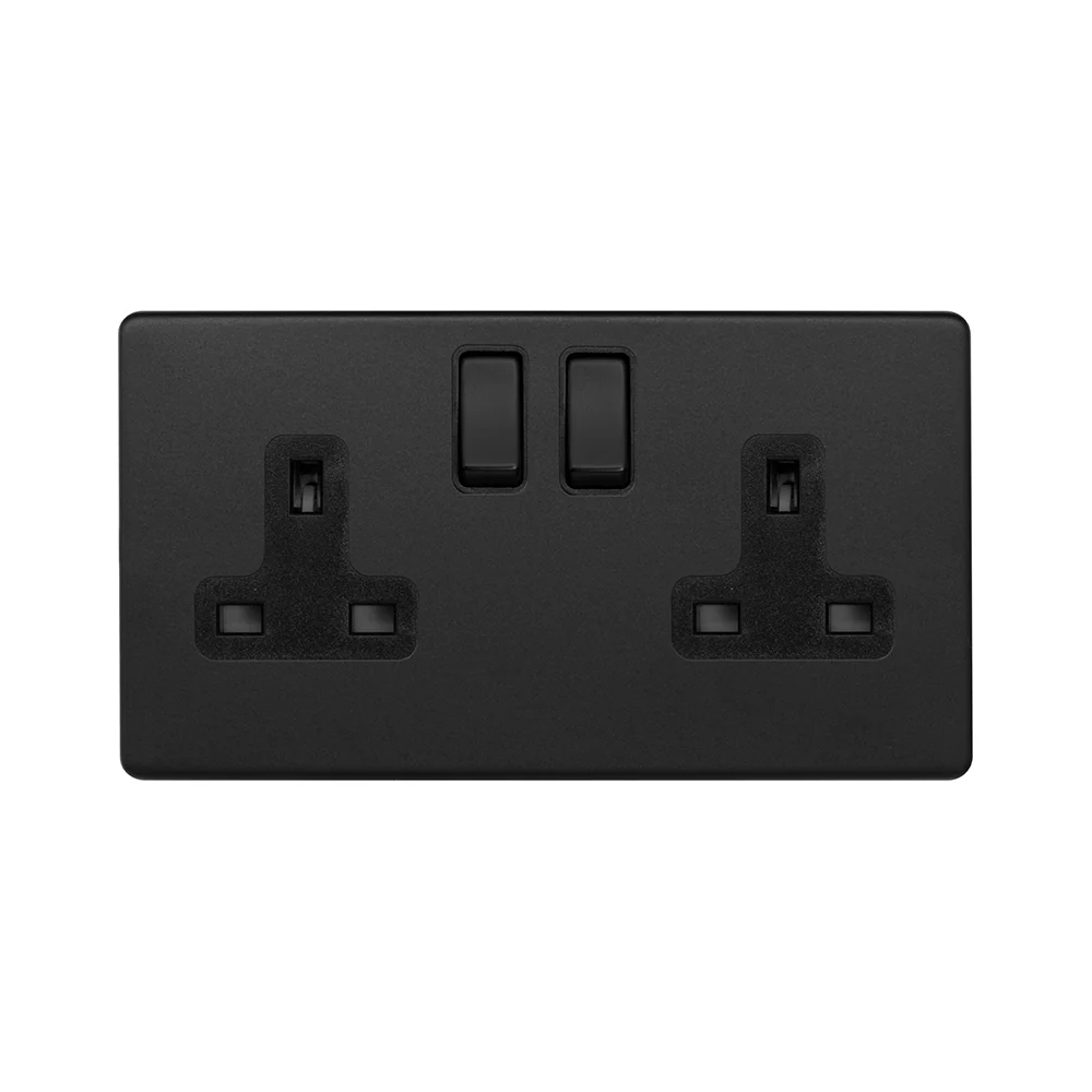 Screwless Matt Black 13A 2 Gang Switched Socket, DP