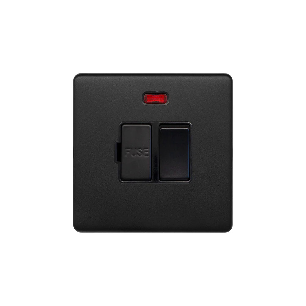 Screwless Matt Black 13A Double Pole Switched Fused Connection Unit (FCU) With Neon