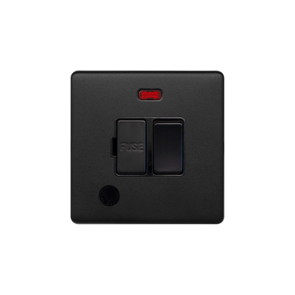 Screwless Matt Black 13A Switched Fused Connection Unit (FCU) Flex Outlet With Neon