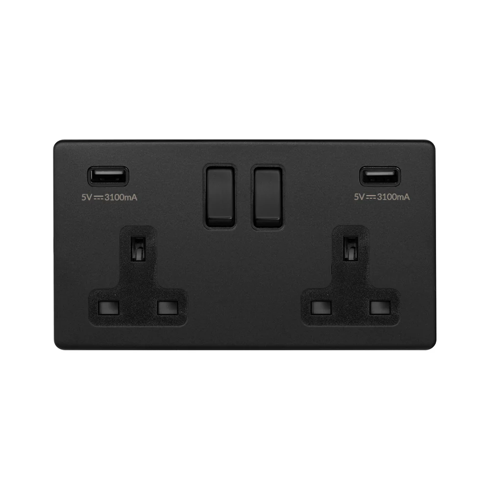 Screwless Matt Black 2 Gang 3.1 Amp USB Socket