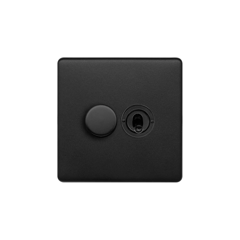 Screwless Matt Black 2 Gang Dimmer and Toggle Light Switch Combo