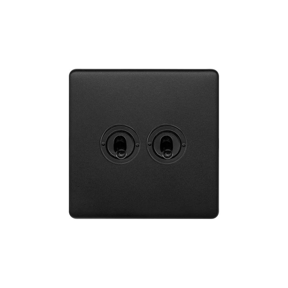 Screwless Matt Black 2 Gang Retractive Toggle Light Switch