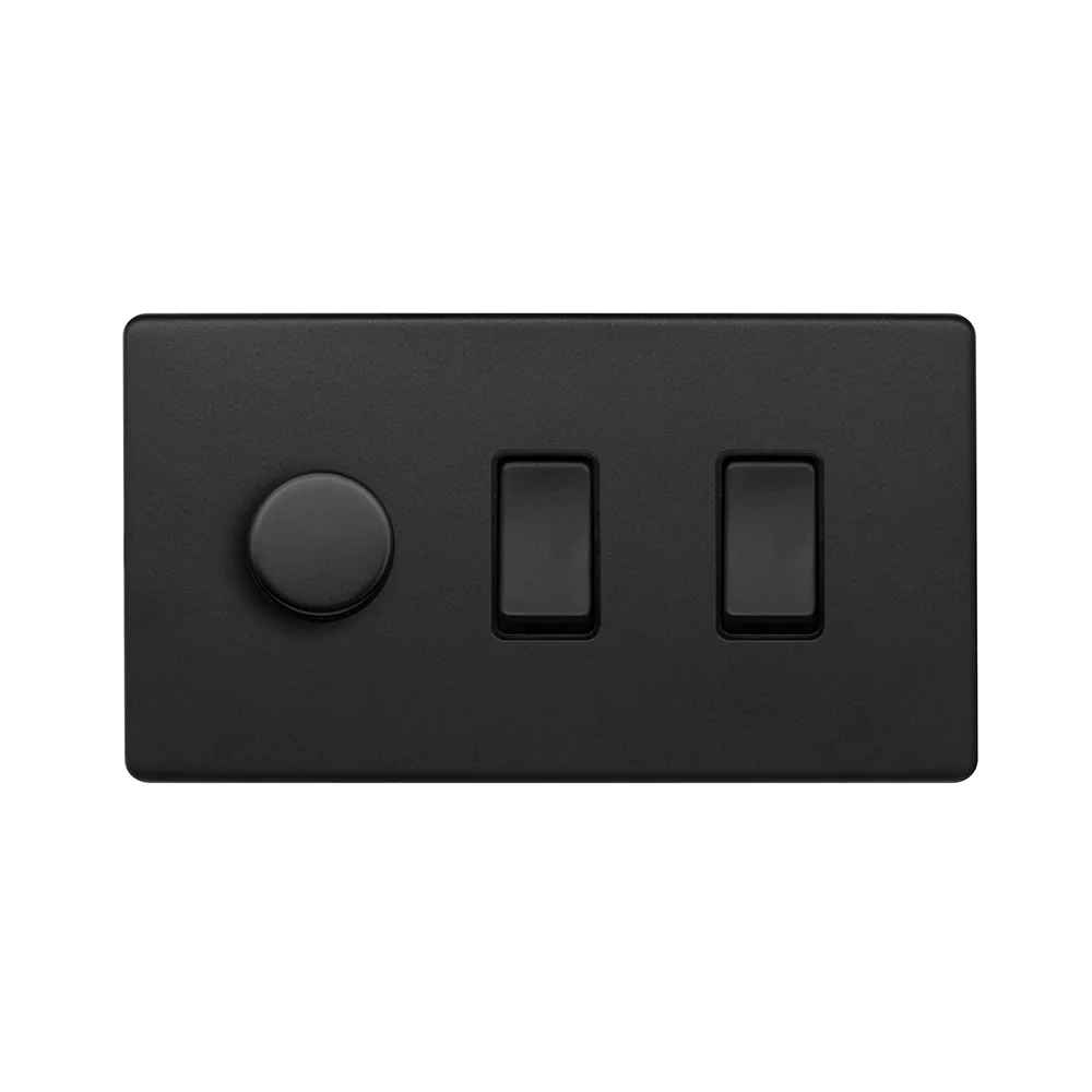 Screwless Matt Black 3 Gang Light Switch with 1 dimmer (2x 2 Way Light Switch & Trailing Dimmer)