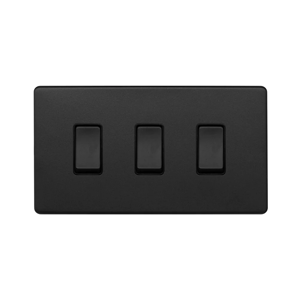 Screwless Matt Black 3 Gang Switch With 1 Intermediate (2 x 2 Way Light Switch with 1 Intermediate)