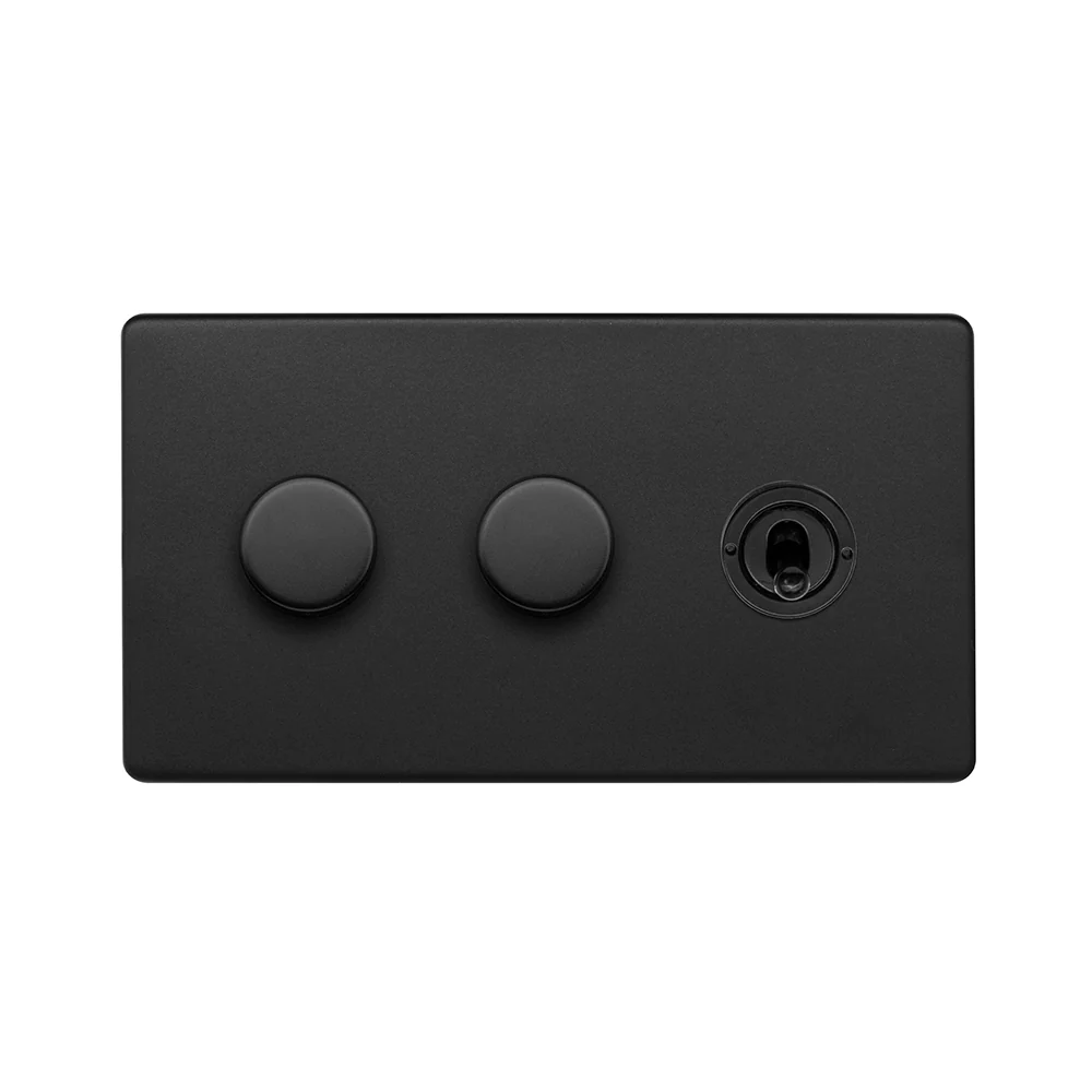 Screwless Matt Black 3 Gang Switch with 2 Dimmers
