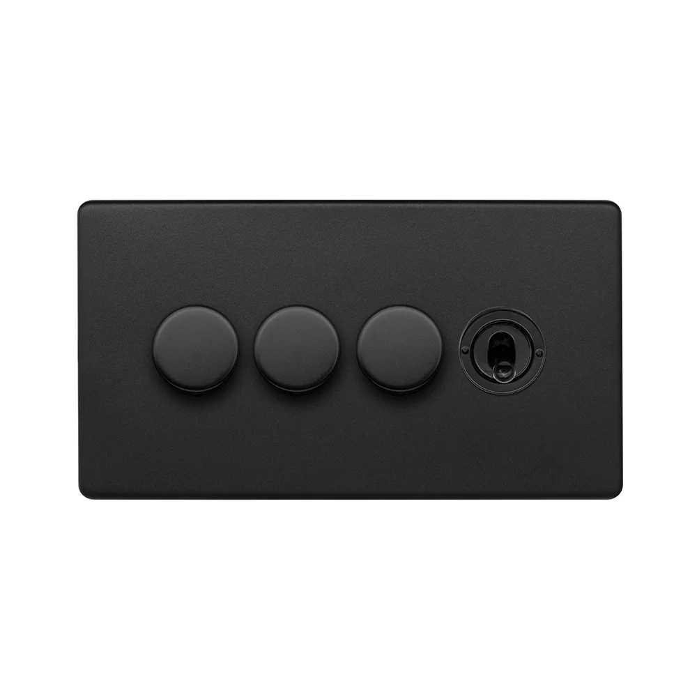 Screwless Matt Black 4 Gang Switch with 3 Dimmers