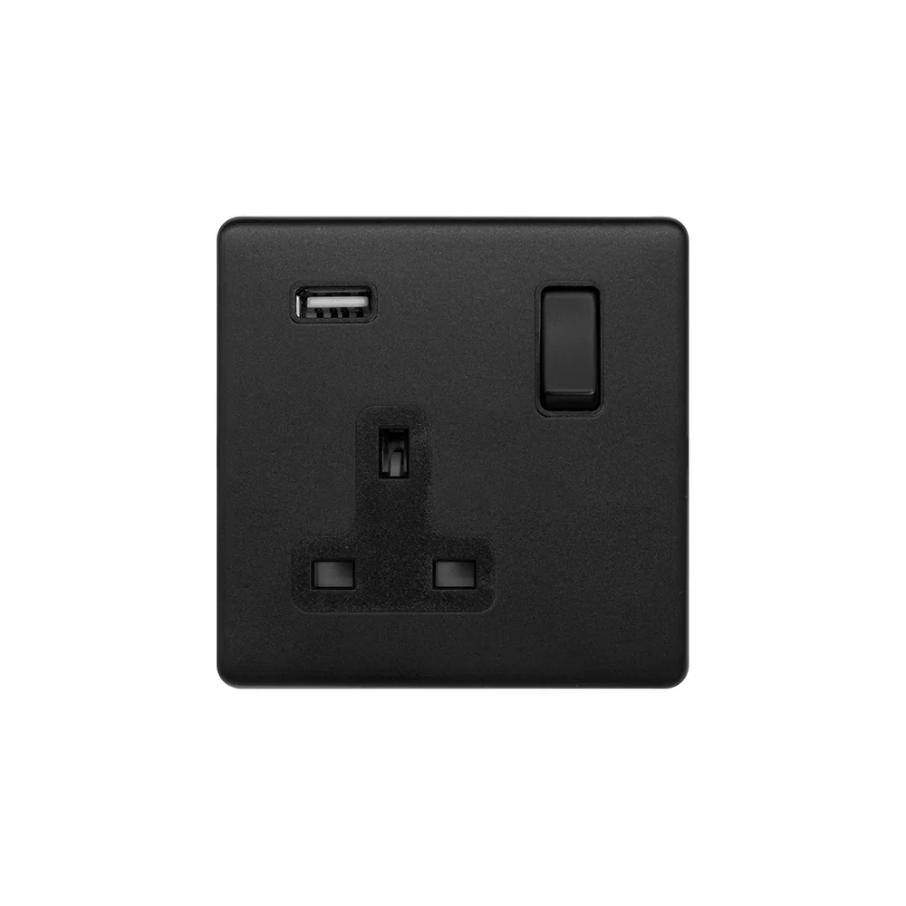 Screwless Matt Black Single Pole 1 Gang USB Socket