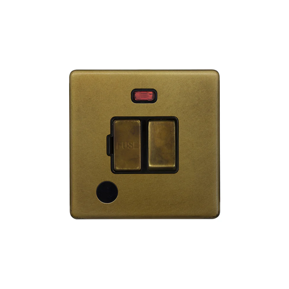 Screwless Old Brass 13A Switched Fused Spur Unit (FCU) Flex Outlet With Neon