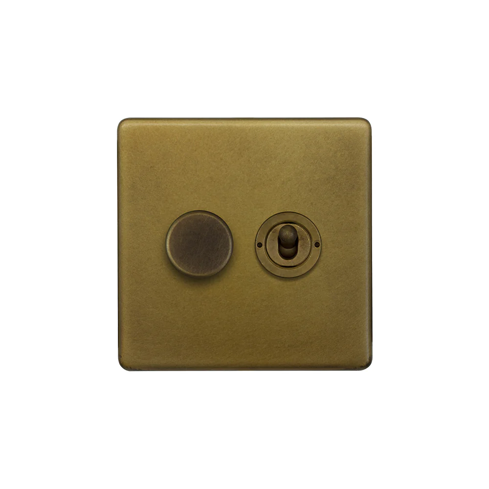 Screwless Old Brass 2 Gang Dimmer and Toggle Light Switch Combo (1x150W LED Dimmer 1x20A 2 Way Toggle)
