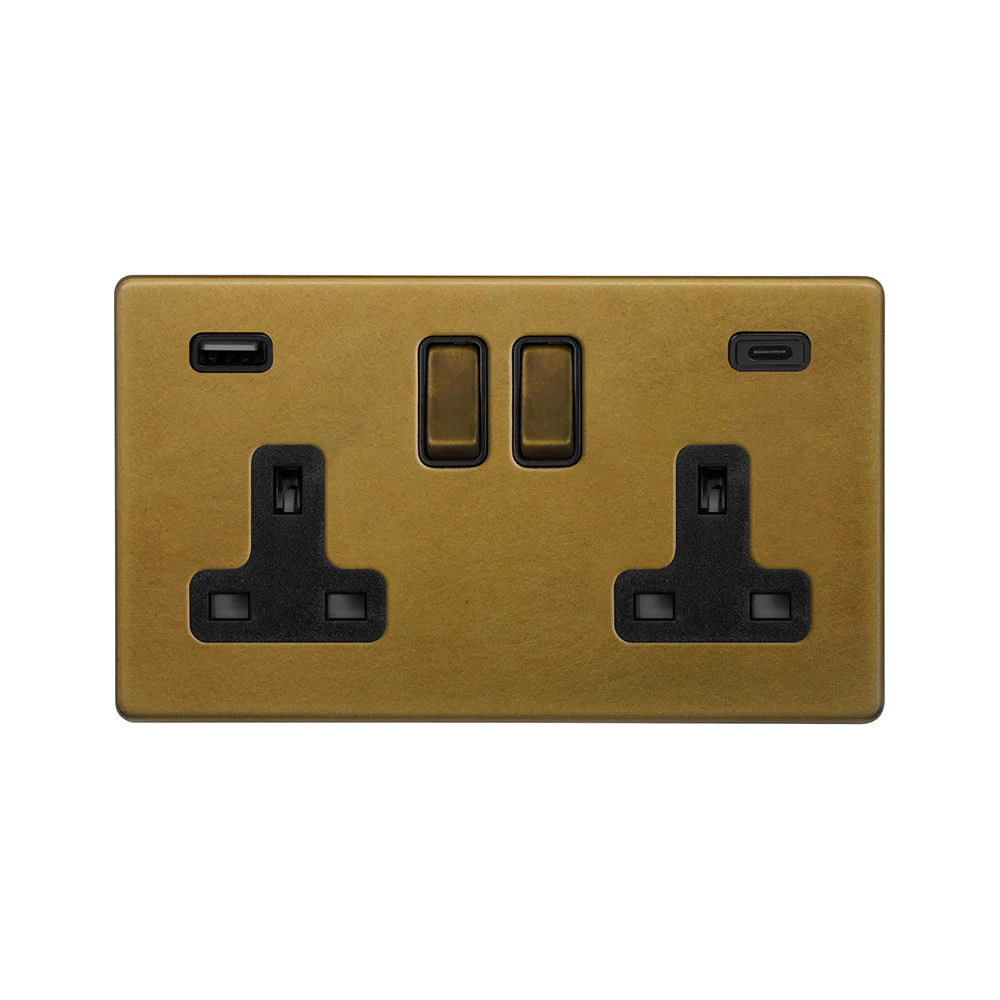 Screwless Old Brass 2 Gang USB A+C Plug Socket (13A Socket + 2 USB Ports A+C 3.1A)
