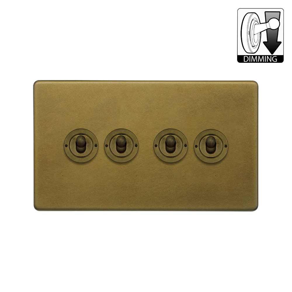Screwless Old Brass 4 Gang Dimming Toggle Light Switch
