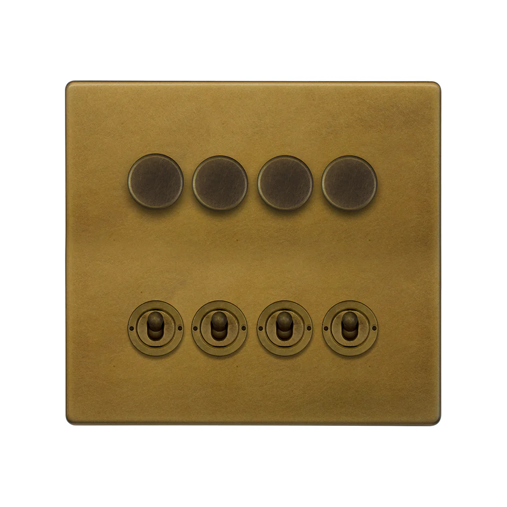 Screwless Old Brass 8 Gang Dimmer & Toggle Combo 4x150W LED Dimmer 4x20A Toggle