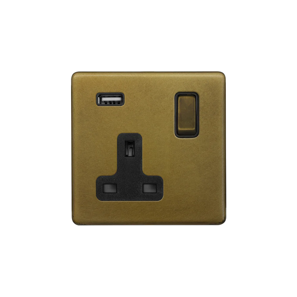 Screwless Old Brass Single Pole 1 Gang USB Socket