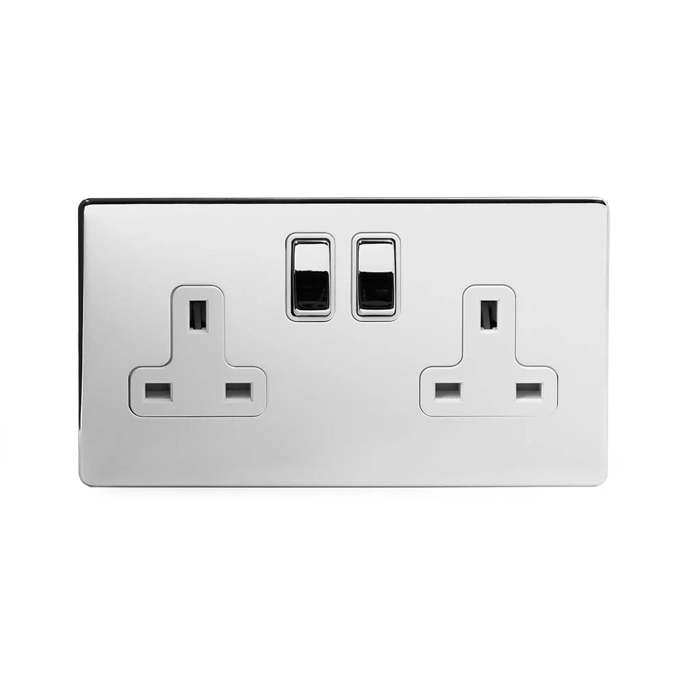 Screwless Polished Chrome 13A 2 Gang Double Pole Plug Socket