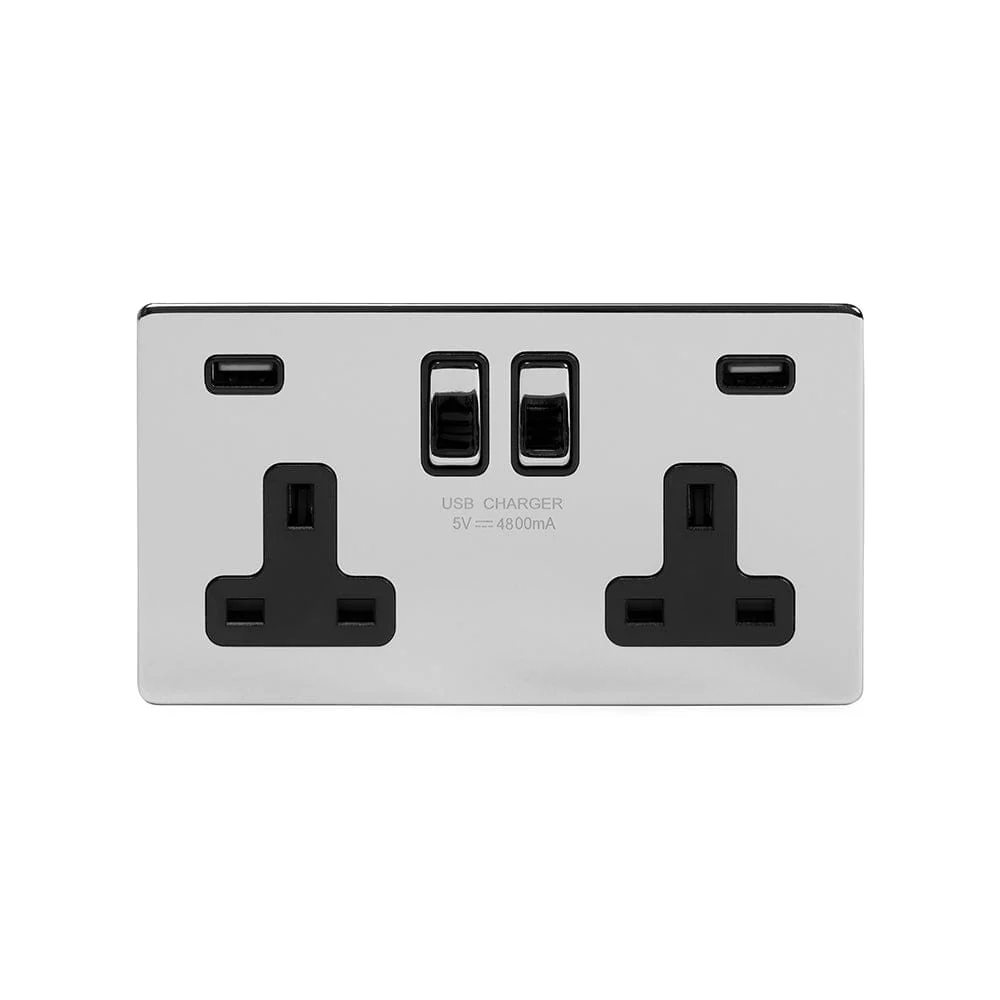 Screwless Polished Chrome 13A 2 Gang DP USB Switched Plug Socket (USB Output 4.8amp)
