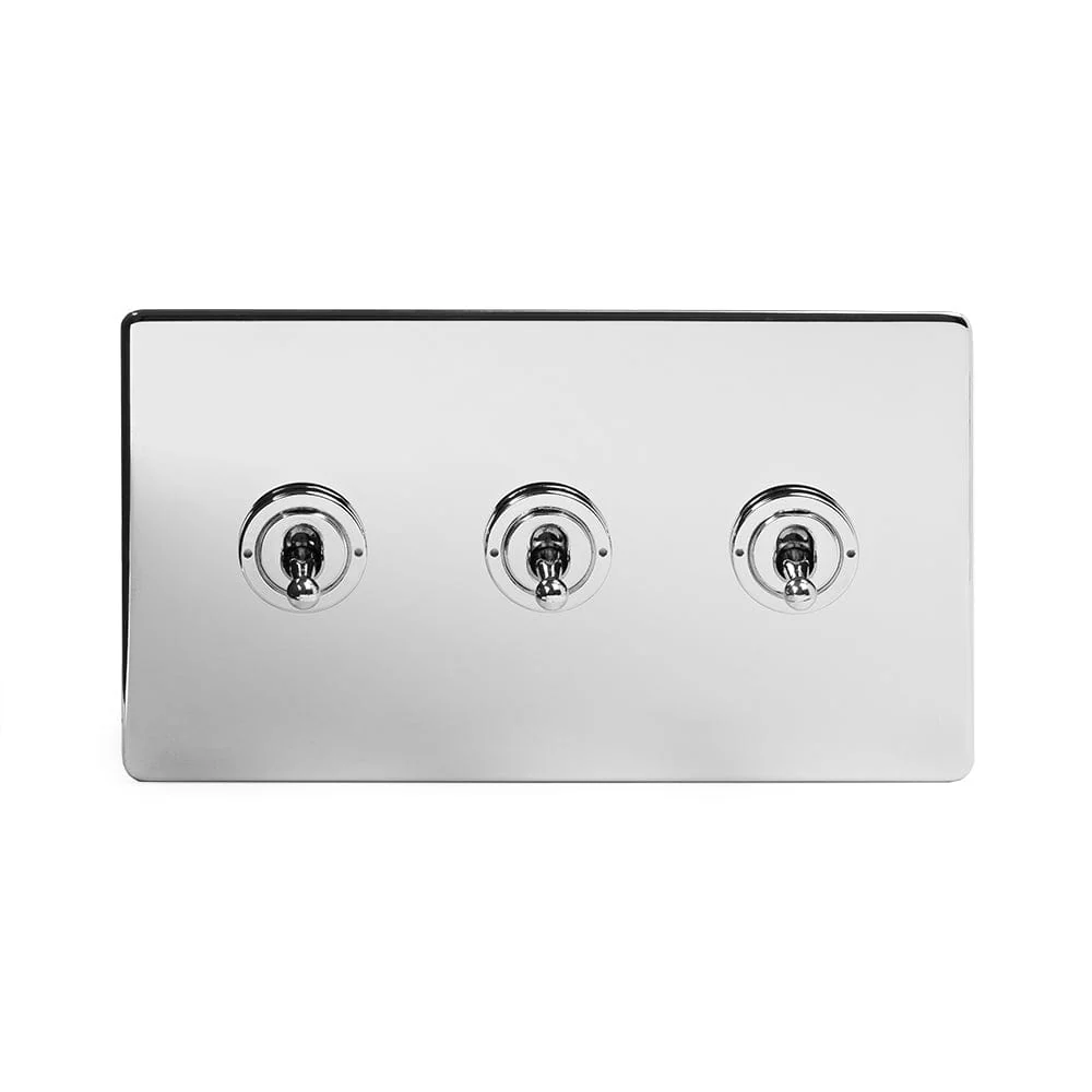 Screwless Polished Chrome 3 Gang 2 Way Toggle Light Switch - Black