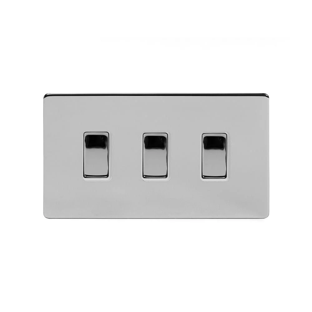 Screwless Polished Chrome 3 Gang Light Switch With 1 Intermediate (2 x 2 Way Swich with 1 Intermediate)