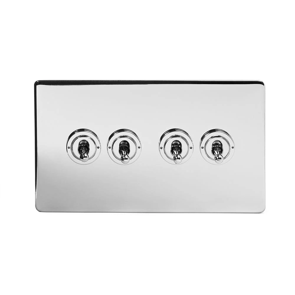 Screwless Polished Chrome 4 Gang 2 Way Toggle Light Switch - Black