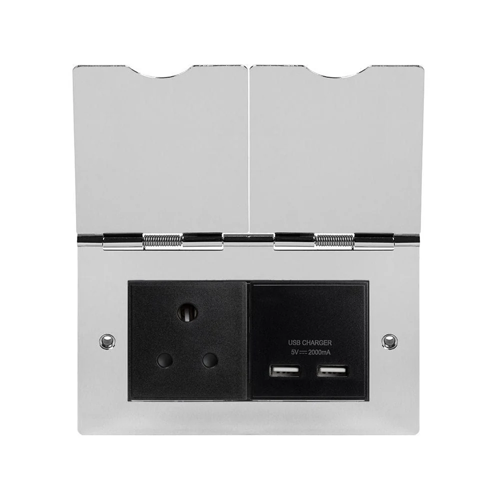Screwless Polished Chrome  Double Floor Outlet 5Amp Socket & USB Charger - Black