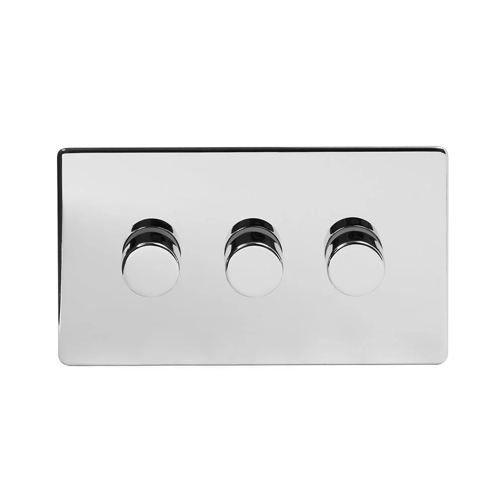 Screwless Polished Chrome 3 Gang 2 Way Intelligent Trailing Dimmer Light Switch