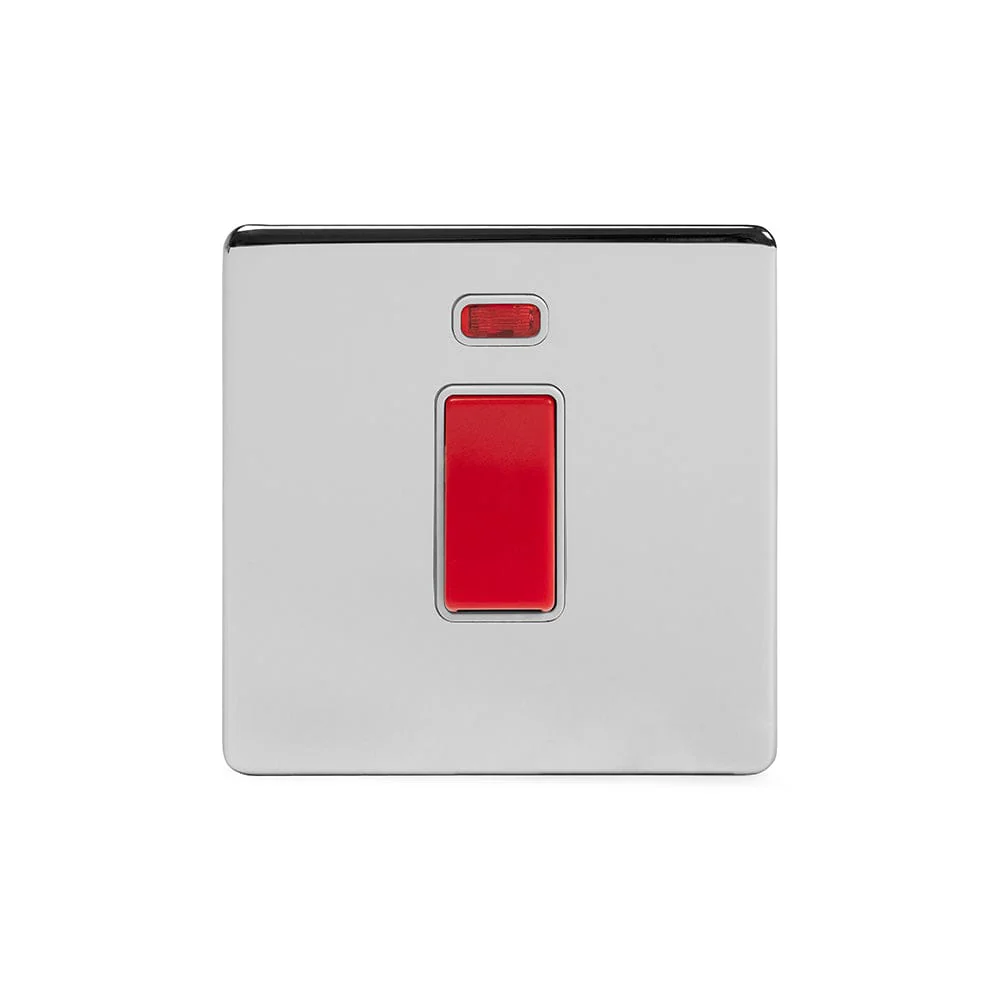 Screwless Polished Chrome 45A 1 Gang Double Pole Switch With Neon- Single Plate