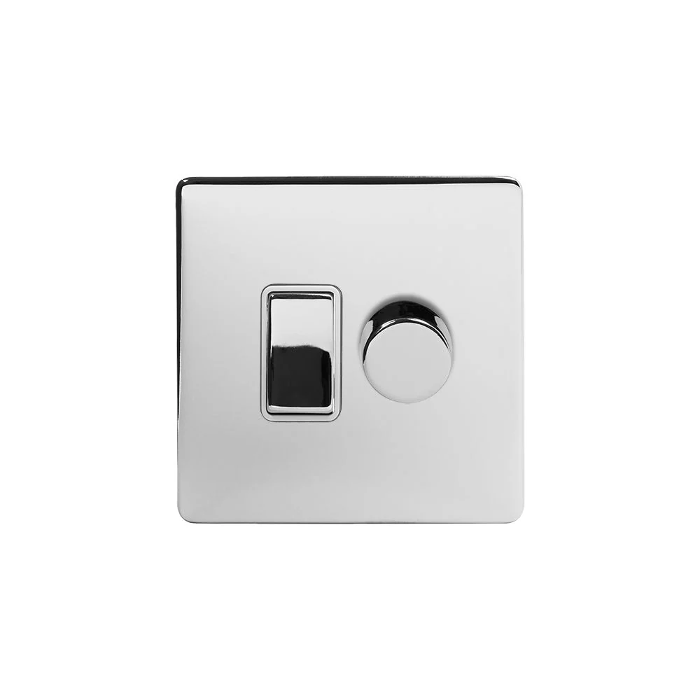 Screwless Polished Chrome dimmer and rocker Light Switch combo (2 Way Switch & 400w Trailing Dimmer)