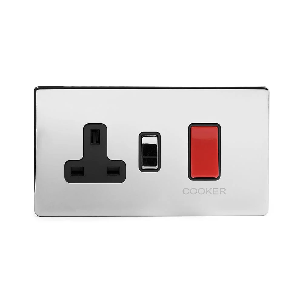 Screwless Polished Chrome 45A Cooker control with Socket Light Switch