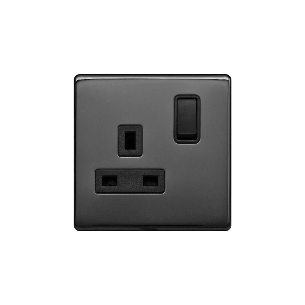 Screwless Raised - Black Nickel 13A 1 Gang Switched Plug Socket, Double Pole - Black Trim