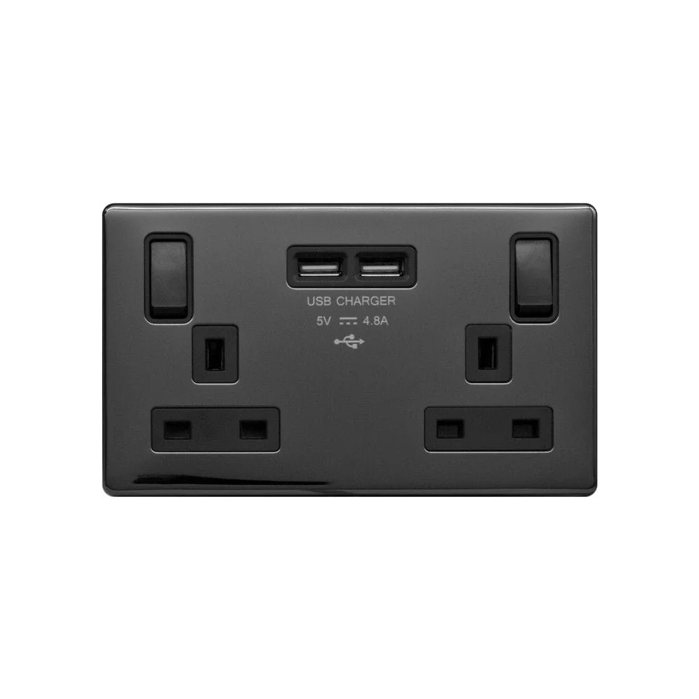 Screwless Raised - Black Nickel 13A 2 Gang Switched DP Socket 2xUSB Outlet (4.8A) - Black Trim