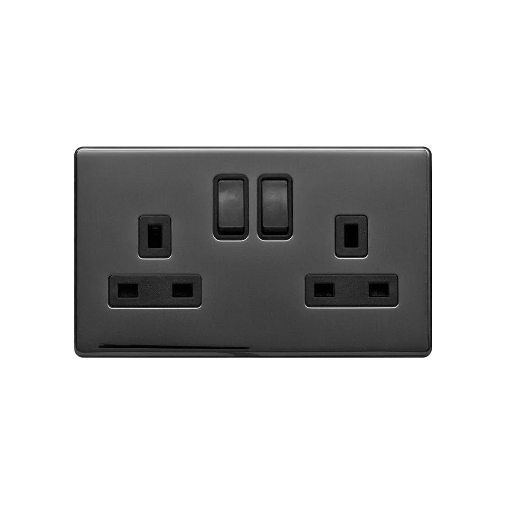 Screwless Raised - Black Nickel 13A 2 Gang Switched Plug Socket, Double Pole - Black Trim