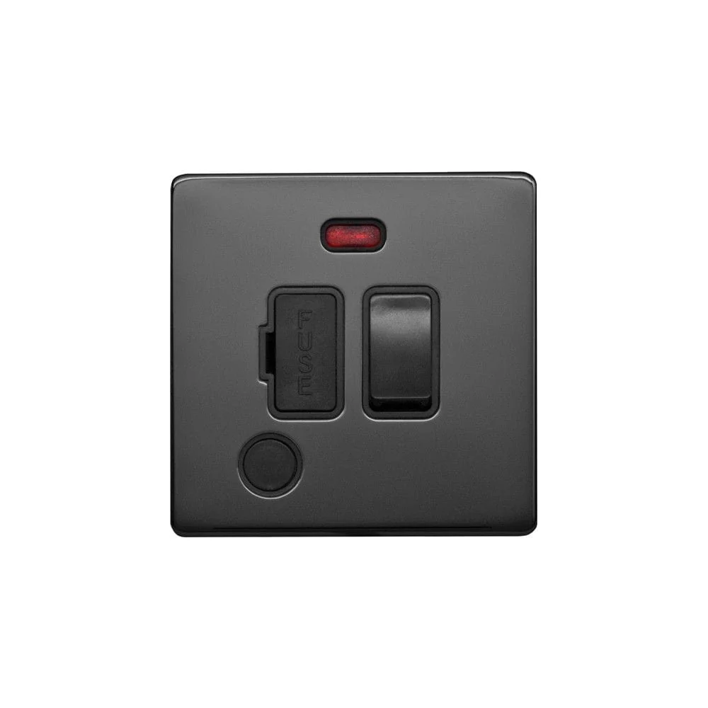 Screwless Raised - Black Nickel 13A Switched Fuse Connection Unit&Flex Outlet/Neon- Black Trim