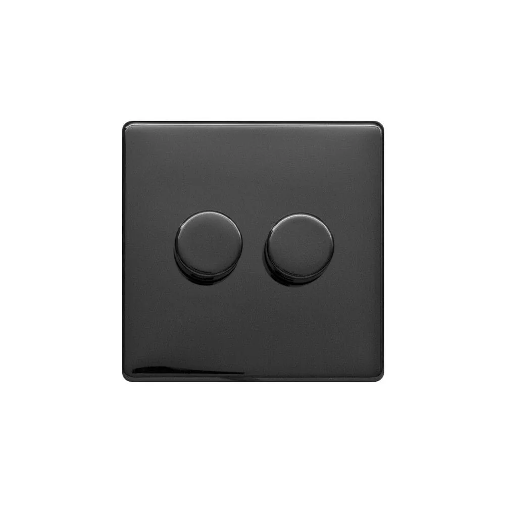 Screwless Raised - Black Nickel 100W LED 2 Gang 2 Way Intelligent Trailing Dimmer Switch - Black Trim