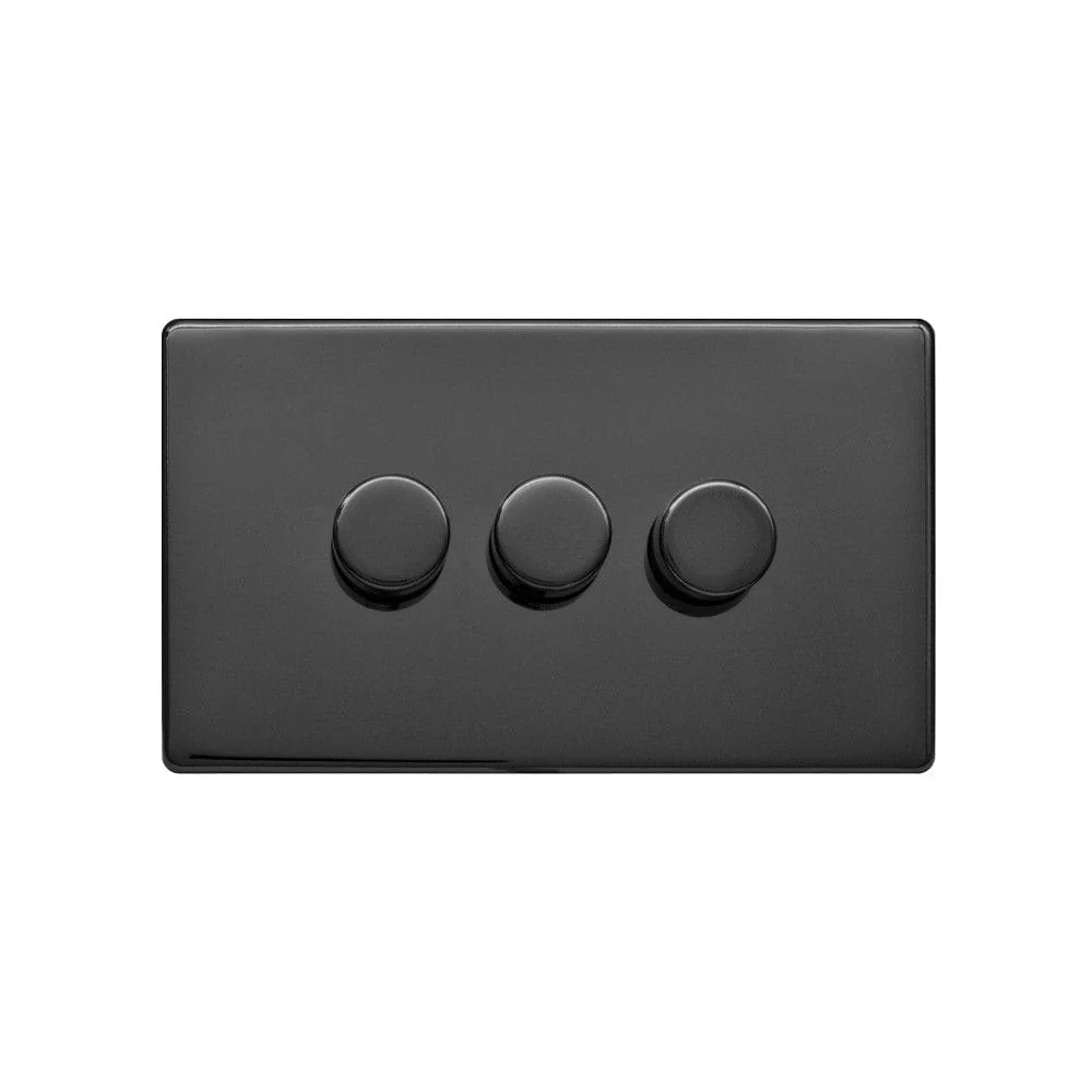 Screwless Raised - Black Nickel 100W LED 3 Gang 2 Way Intelligent Trailing Dimmer Switch - Black Trim