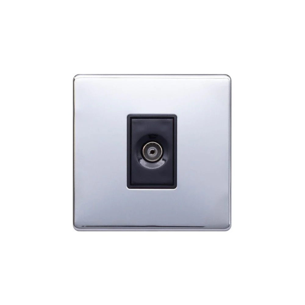 Screwless Raised - Polished Chrome 1 Gang TV Socket - Black Trim