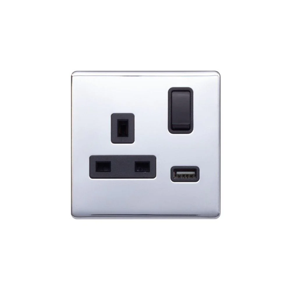 Screwless Raised - Polished Chrome 13A 1 Gang Switched Plug Socket (3.1A) USB Outlet - Black Trim