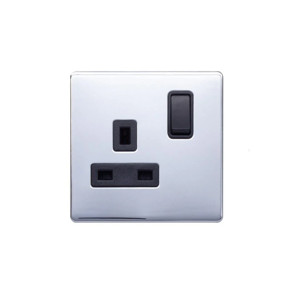 Screwless Raised - Polished Chrome 13A 1 Gang Switched Plug Socket, Double Pole - Black Trim